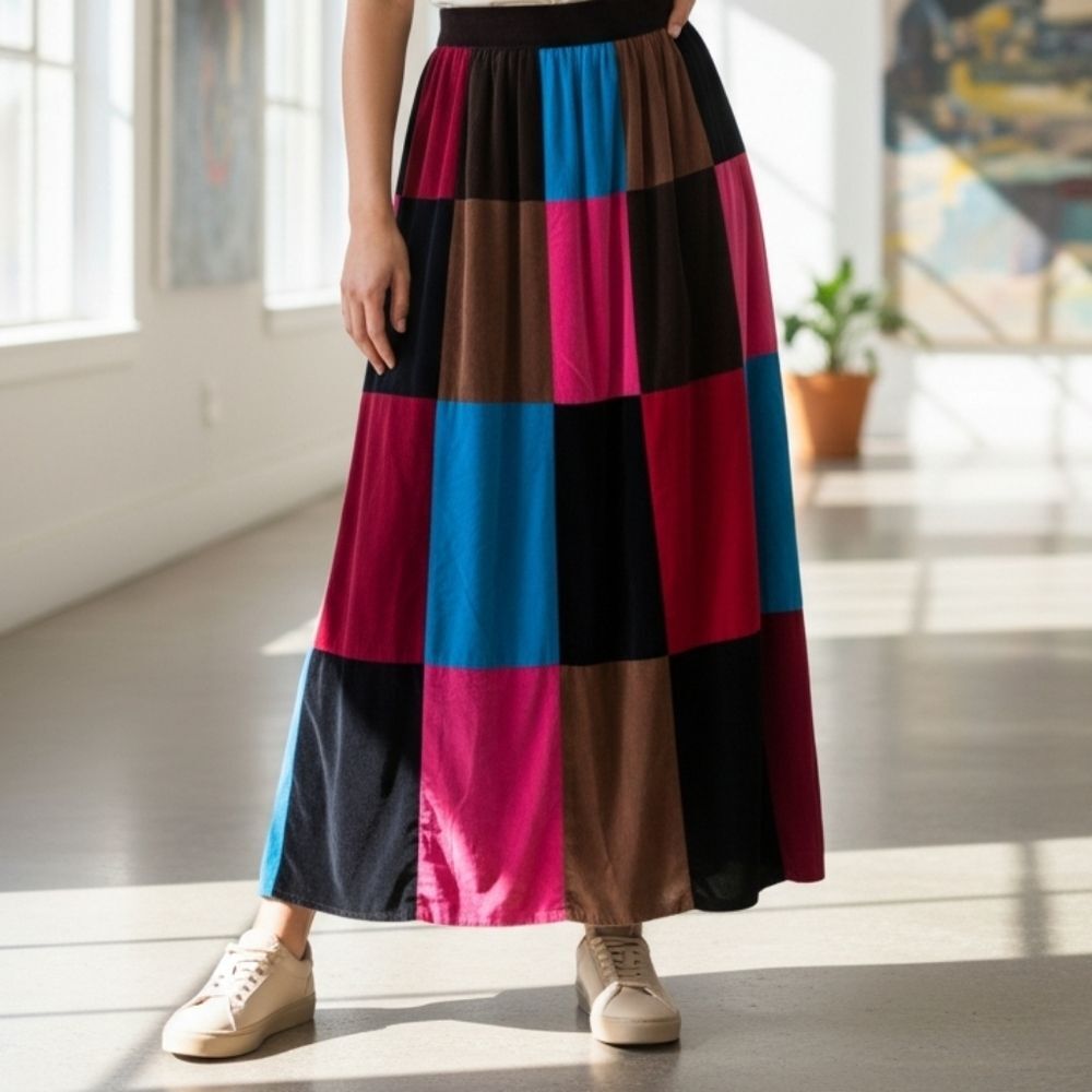 Handmade Maxi Length A-Line Multi-Color Velvet Patchwork Skirt bold Bohemian